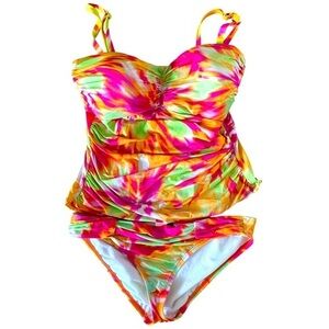 2 Bamboo Tankini Swimsuit - M orange pink green , ruched , polyester spandex